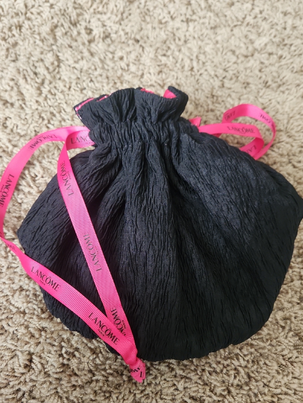 Lancome Black Drawstring Makeup Pouch with Pink Ribbon
